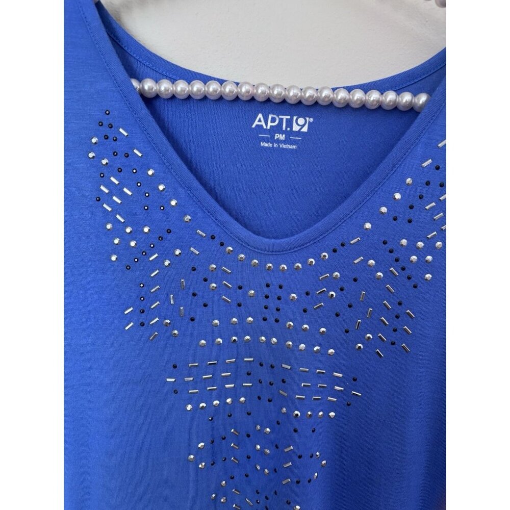 NWT Apt. 9 Petite Womens Size PM Blue Embellished T-Shirt Short Sleeve - Picture 2 of 5